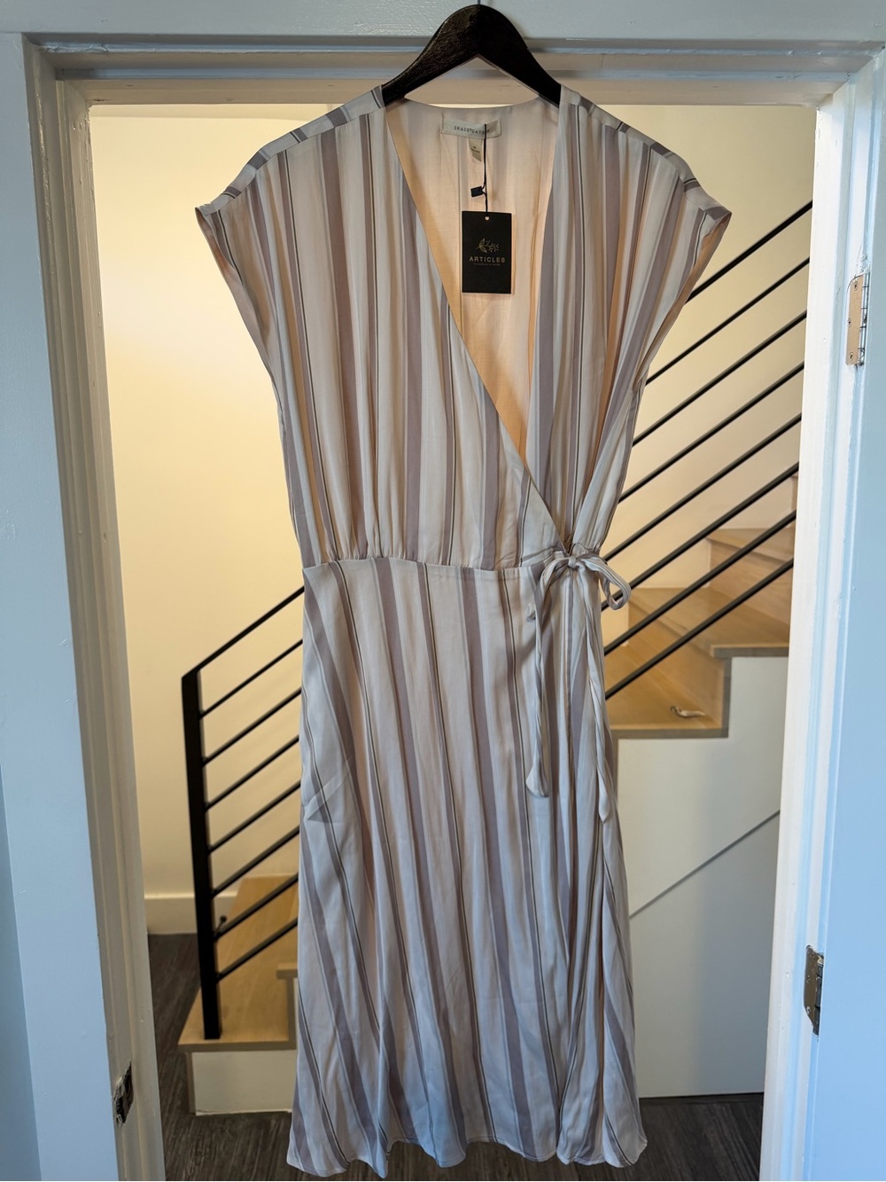Striped Wrap Midi Dress — Neutral Beige/Gray